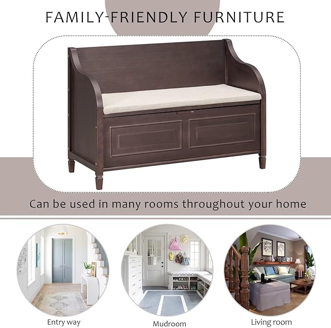 Merax Storage Bench, 41.9” Solid Wood Storage Chest with Backrest and Safety Hinge, Large Storage Space Bench with Upholstered Cushions,Supports 250 lb and Easy Assembly for Small Space, Espresso