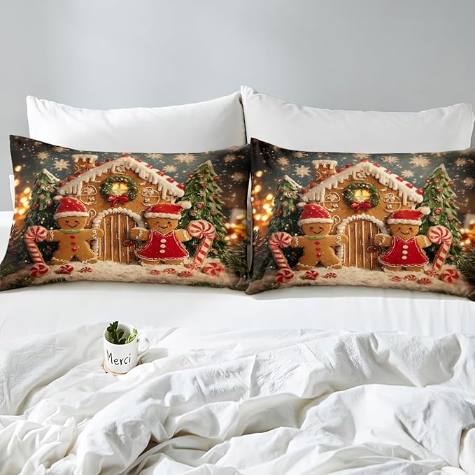 Feelyou Cute Gingerbread Man Duvet Cover Full Size Cartoon Christmas Bedding Set for Boys Girls New Year Holiday Comforter Cover Reversible Xmas Decor Bedroom Decor 3Pcs