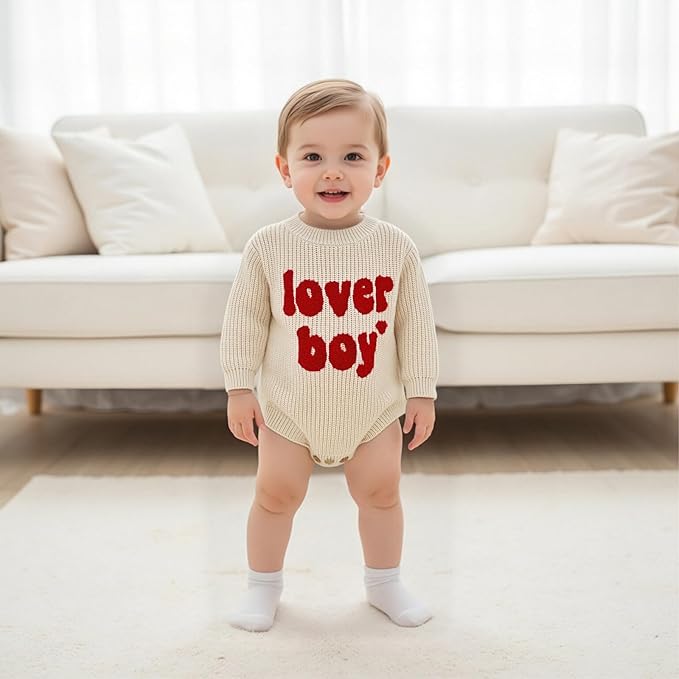 Lesimsam Newborn Baby Boy Girl Valentines Day Outfit Oversized Embroidery Long Sleeve Knit Sweater Bubble Romper Bodysuit