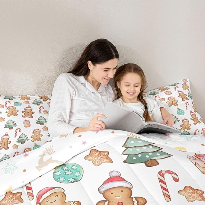 Feelyou Pink Gingerbread Comforter Set Twin Size Christmas Bedding Set for Kids Boys Girls Candy Cane Duvet Quilt Xmas Bedroom Decor Microfiber 2 Pcs with 1 Pillow Cases