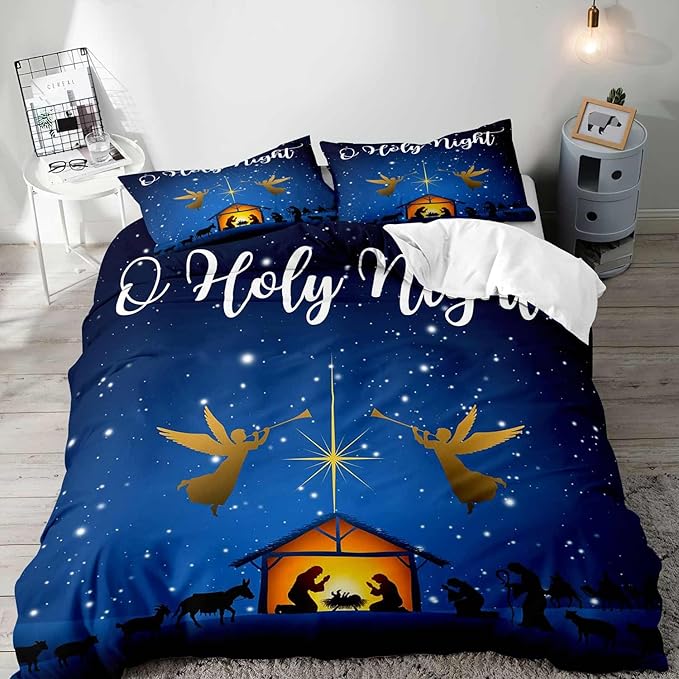 LUVIVIHOME 3PCS Christmas Duvet Cover King Bedding Set, Navy Blue Duvet Cover, Galaxy Oh Holy Night Nativity Scene Angel Winter Holiday Xmas Christmas Comforter Cover, Bed in a Bag, 2 Pillow Cases