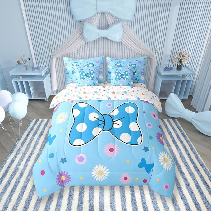 7 Pieces Blue Bowknot Kids Comforter Set Full,Daisy Flowers Geometric Dot Patchwork Bedding Set,Star Bow Tie Princess Cute Dreamy（Comforter+Fitted+Flat Sheet+2 Pillowcases+2 Throw Pillow Covers）