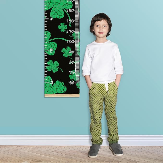 Personalized Kids Name Growth Chart Ruler for Wall Wood Frame Height Measure Chart 13.4x56 in Linen Hanging Height Growth Chart St Patrick Day and Clover Leaves Kids Room Decor