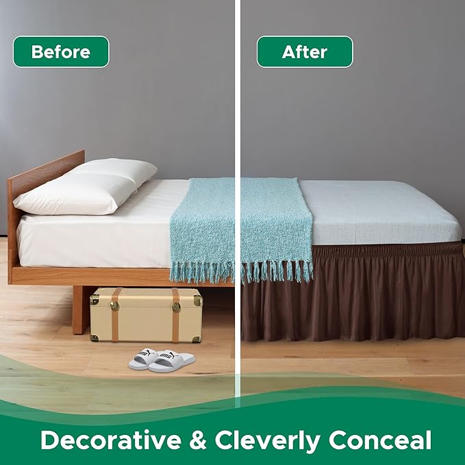 Biscaynebay Wrap Around Bed Skirts for Full & Full XL Beds 15" Drop, Brown Adjustable Elastic Dust Ruffles Easy Fit Wrinkle & Fade Resistant Silky Luxurious Fabric Machine Washable