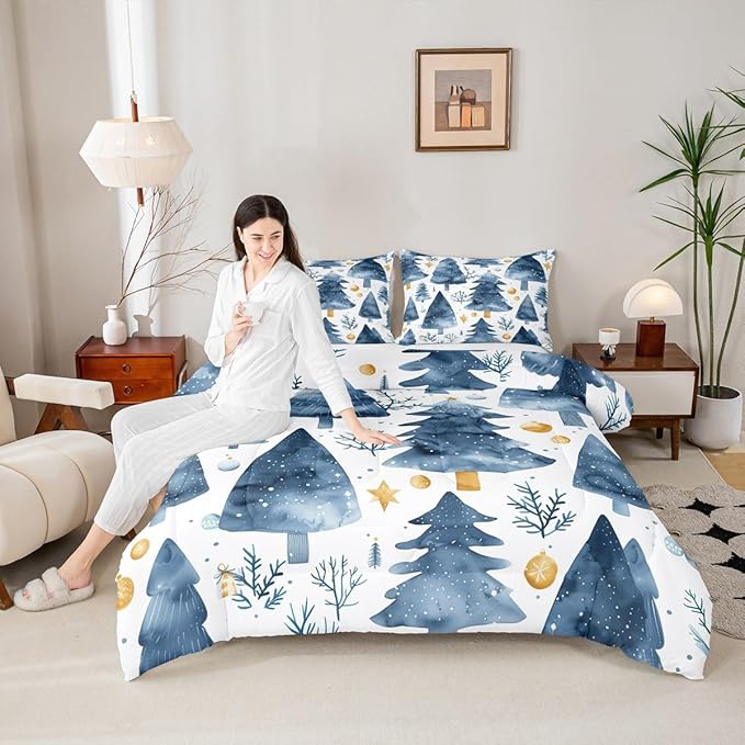 Feelyou Christmas Comforter Set All Season Xmas Tree Bedding Set with 1 Pillow Cases Watercolor Blue Microfiber Kids Twin Bedclothes Snowflake Bedroom Decor Duvet Quilt Breathable Soft Lightweight