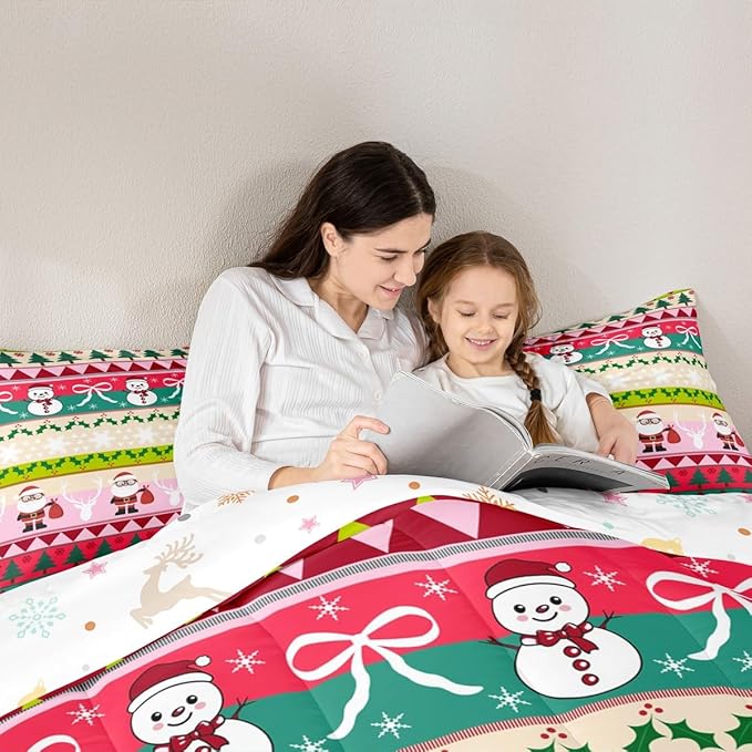 Feelyou Merry Christmas Tree Bedding Set Soft for Boys Girls, Cute Snowman Comforter Set Twin Size Santa Claus Duvet Quilt Microfiber Cartoon Bowknot Bedroom Decor 2 Pcs with 1 Pillow Cases