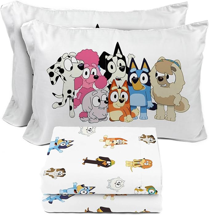 Sunny Side Up Bluey & Friends Full Sheet Set - 4 Piece Kids Bedding Set Includes Pillow Cover - Super Soft Microfiber Sheets