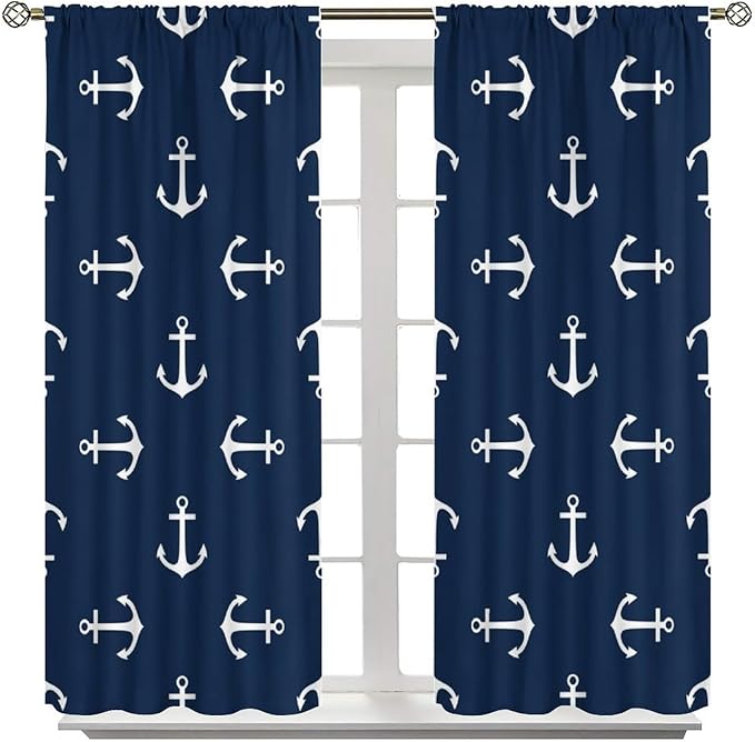 Nautical Curtains,MarineThemed Oceanic Anchor Pattern Blackout Print Home Bedroom Living Room Window Treatments 2 Panel Set 72x63 Inch