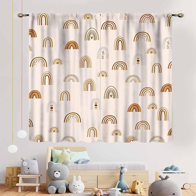 Rainbow Curtains, Boho Pastel Cute Cartoon Aesthetic Art Printed Beige Blackout Decorative Drapery for Kids Girls Baby Bedroom Living Room Classroom Nusery Bathroom Windows 2 Panels, 84"x63" Inch
