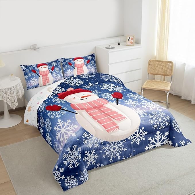 Feelyou Christmas Kids Comforter Set Toddler Size Snowman Purple Blue Gradient Bedding Set Xmas Snowflakes Duvet Quilt for Kids Boys Girls Bedroom Winter Snow Decor Microfiber Ultra Soft Breathable
