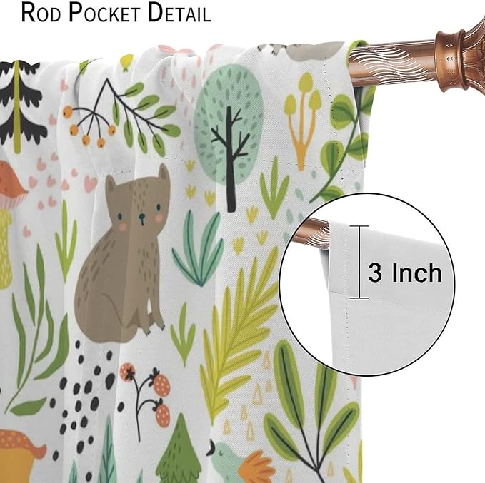 Cartoon Forest Kids Blackout Curtains,Cute Woodland Wild Animals Colorful Deer Plants Trees Print Pattern Thermal Insulation Window Drapes for Nursery Boys Girls Bedroom,White Background 42x54 Inch