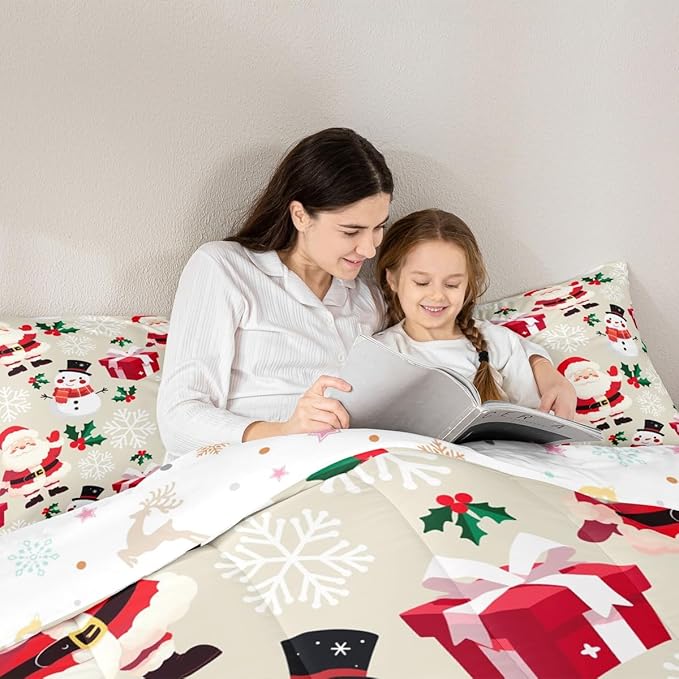 jejeloiu Merry Christmas Comforter Set Toddler Size Xmas Santa Claus Bedding Set for Kids Boys Girls Cute Snowman Duvet Quilt Beige Bedroom Decor