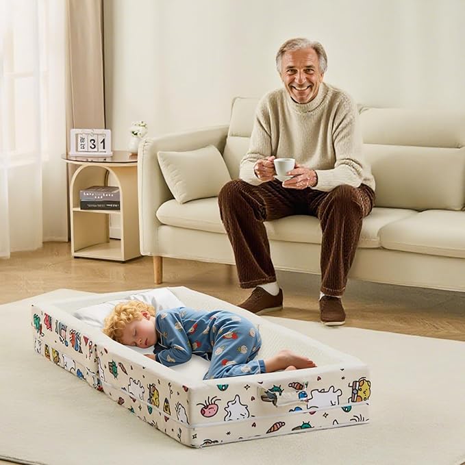 Portable Foldable Toddler Travel Bed – Air Layer Fabric Soft Foam Floor Crib with Safety Rails, No Assembly, Washable Cover, Compact Kids Sleep Solution for Home, Trips & Daycare, Cream
