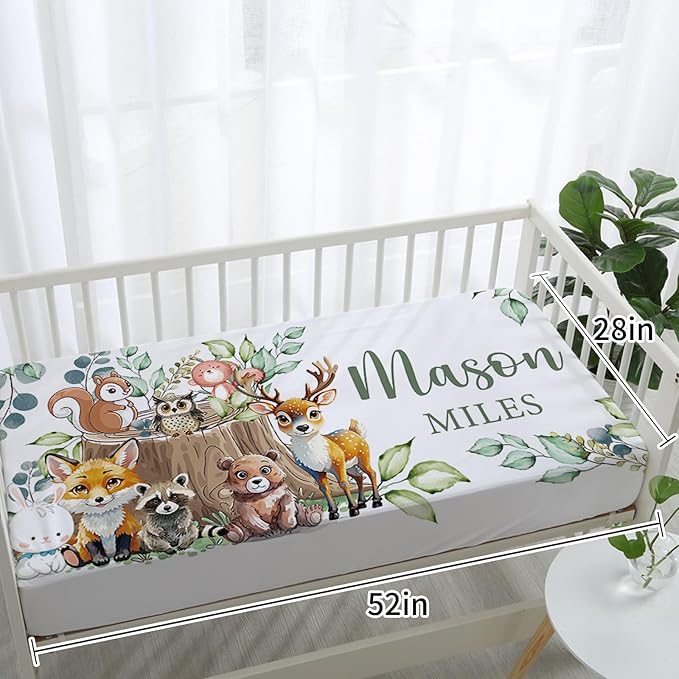 Custom Baby Crib Bedding Set,Personalized Name Animal Stump Pattern Nursery Bed Set 4 Piece,Baby Blanket Fitted Sheet Nursery Rug Wall Art Set,Custom Room Decor Idea Gift for Newborns Boys Girls