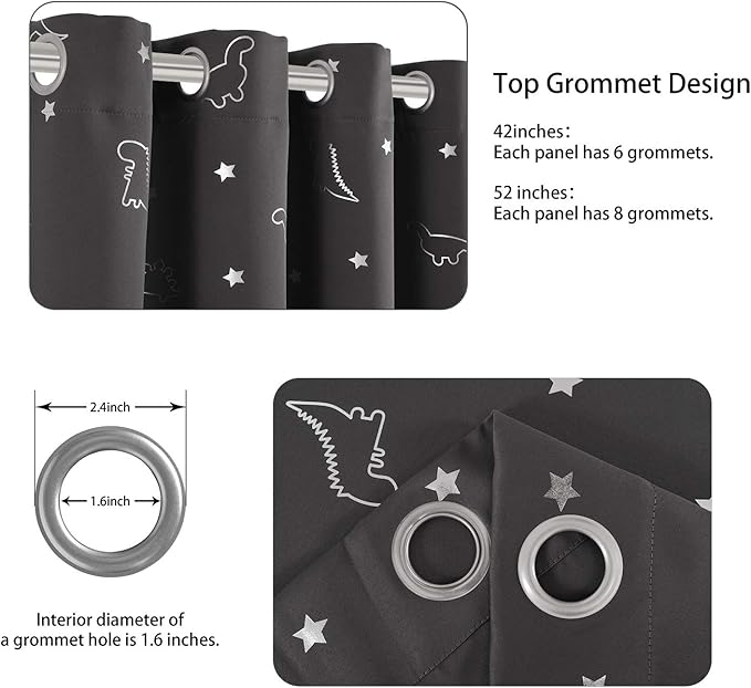 LORDTEX Dinosaur and Star Foil Print Blackout Curtains for Kids Room - Thermal Insulated Curtains Noise Reducing Window Drapes for Boys and Girls Bedroom, 42 x 63 Inch, Grey, Set of 2 Panels