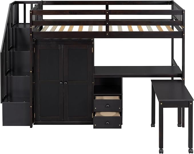 Merax Kids Twin Multifunction Loft Bed with Desk/Wardrobe, Wood Storage Loft Bed with Staircase, Bookshelf & Drawers, No Box Spring Needed, Space Saving, Espresso