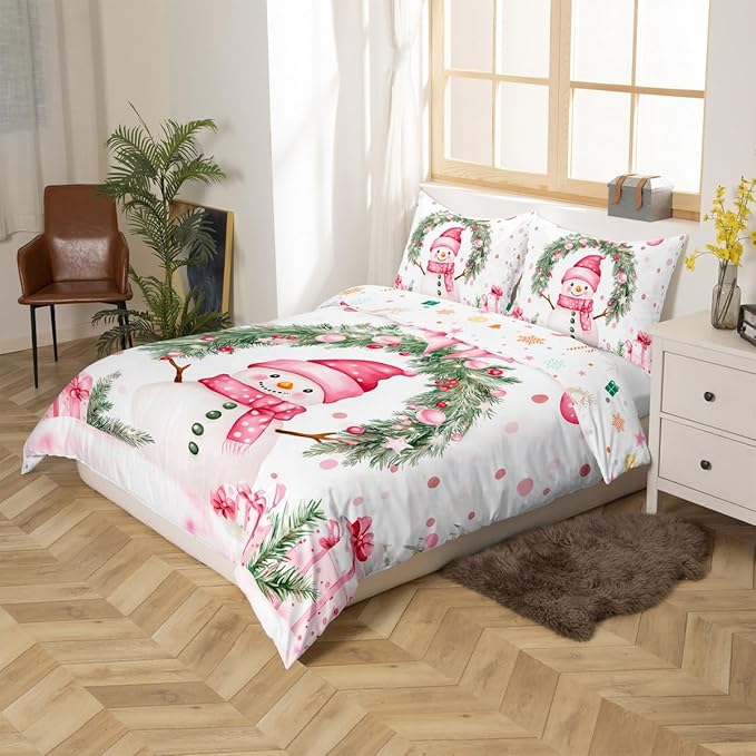 Manfei Christmas Kids Duvet Cover Set Queen Size, Cute Snowman Holly Leaf Bedding Set for Boys Girls Adult, Pink Bowknot Xmas Comforter Cover, Lightweight Bedspread Cover, 2 Pillowcases, No Comforter