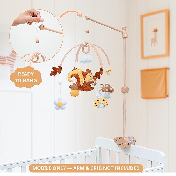 Woodland Nursery Mobile, Felt Squirrel with Mushrooms, Acorns, Leaves and Cloud, Baby Crib Mobile, Forest Theme Hanging Decor