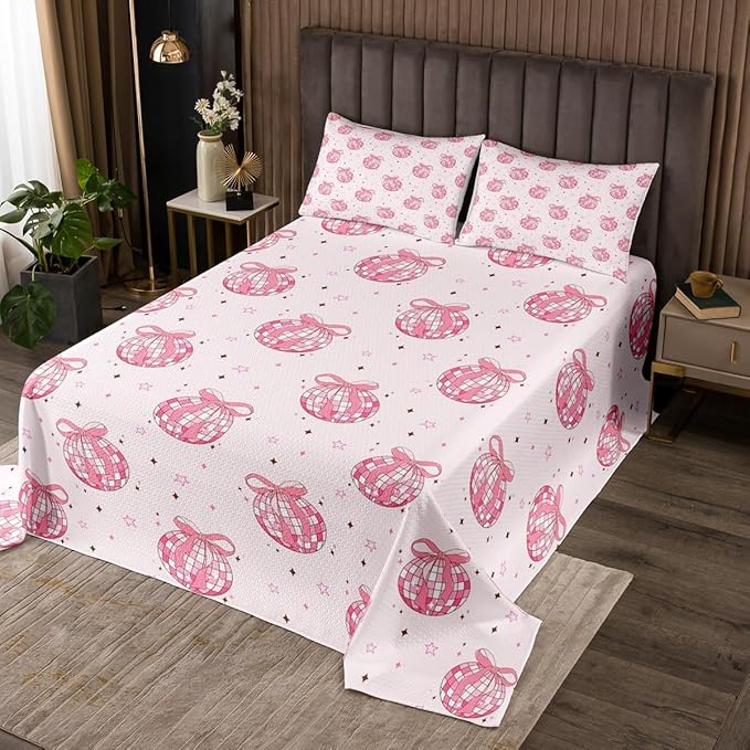 Bowknot Princess Kid Bedspread Twin Size,Disco Crystal Ball Western Cowgirl Coverlet Set,Girls Women Room Decor,Star Bow Tie Sweet Romantic Quilted Coverlet,Pink Dreamy Bedding Quilt,1 Pillowcase
