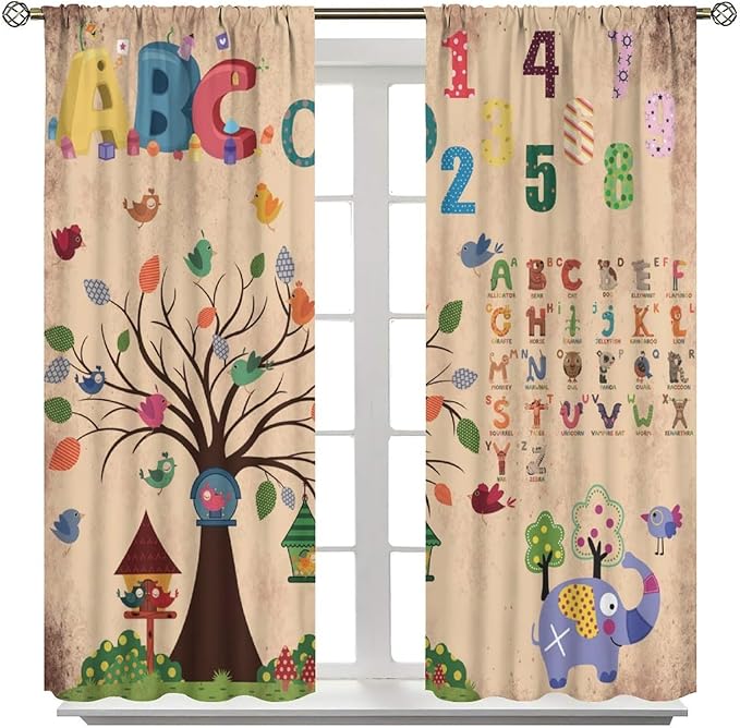 Animal Alphabet Numbers Tree Curtain Learning ABC Letters Birds Numbers Home Printed Rod Pocket Window Treatments for Bedroom Living Room Playroom Nursery 84" W X 84" L