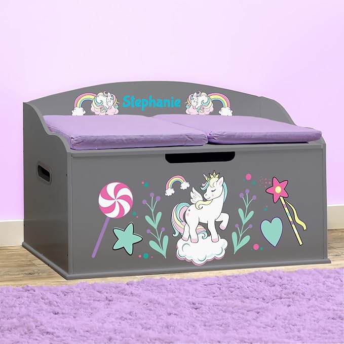 DIBSIES Personalized Creative Wonders Toy Box, Unicorns & Rainbows, 30 x 19.25 x 18 inches, Soft-Close Lid (Dovetail Grey)