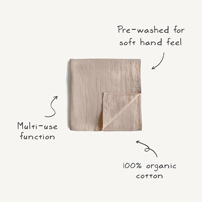 mushie Muslin Baby Swaddle Blanket | 100% Organic Cotton (Fog)