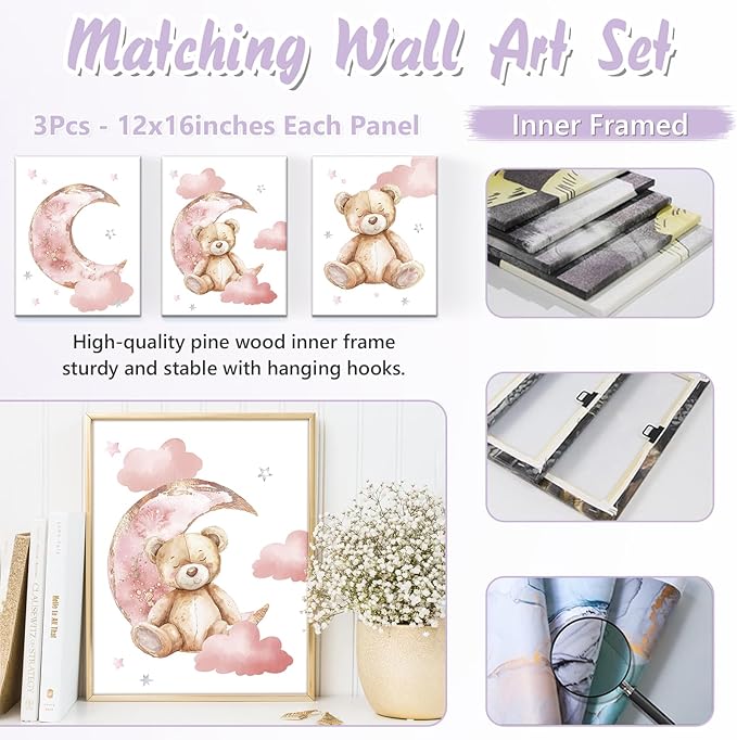 Personalized Baby Crib Bedding Set, 5 Pcs Custom Name Nursery Bedding Set for Girls Boys, Pink Bear Baby Crib Set for Toddlers Infants, Double Layer Bedding Crib Sets Customized Gifts