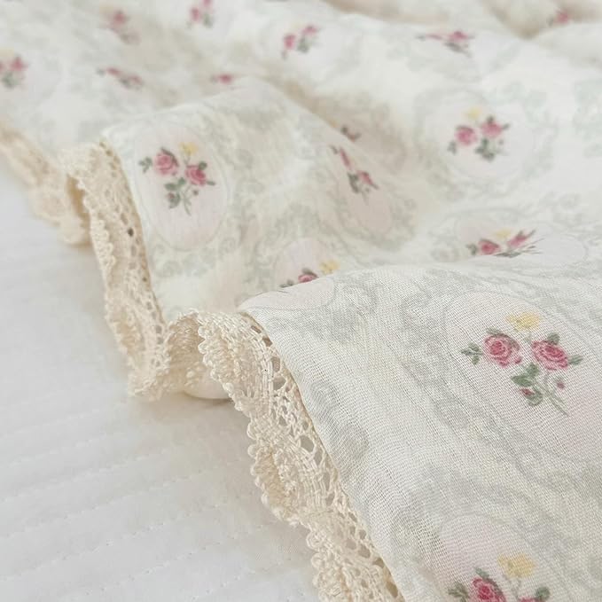 BuLuTu Double-Layer Cotton Muslin Toddler Quilted Blanket, Romantic Floral Design Baby Girls Crib Comforter with Lace Edges, Soft Lightweight Kids Quilt, 47"x59", Begonia Print