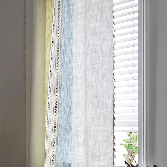 Deeprove Boho Linen Curtains 63 inch for Bedroom Living Room, Semi Blackout American Farmhouse Tassels Window Treatment Bohemian Embroidery Drape Rod Pocket 1 Panel 52" W x 63" L, Blue and Sage Green