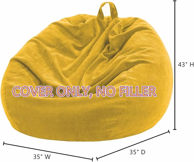 Nobildonna 3 ft Bean Bag Chair Cover (No Filler) 35"×43" Large Stuffed Animal Storage Bean Bag Washable Big Beanbag Chair Cover Premium Corduroy Stuffable Bean Bag Cover for Adults,Kids,Yellow 300L