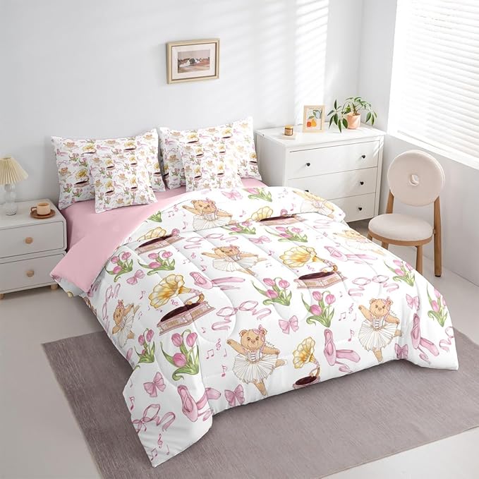 Pink Bowknot Princess Comforter Queen Size,Ballet Shoes Bear Dancer Cartoon 7 Pcs Bedding Set,Tulip Flower Music Note Record Decor,Bow Tie Romantic （Fitted+Sheet+2 Pillowcases+2 Throw Pillow Covers）
