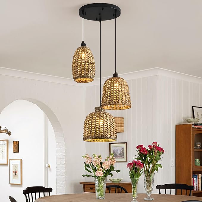 Rattan Pendant Lights,3-Light Wicker Coastal Chandelier Hand-Woven Boho Hanging Light,Kitchen Island Farmhouse Dining Room Living Room