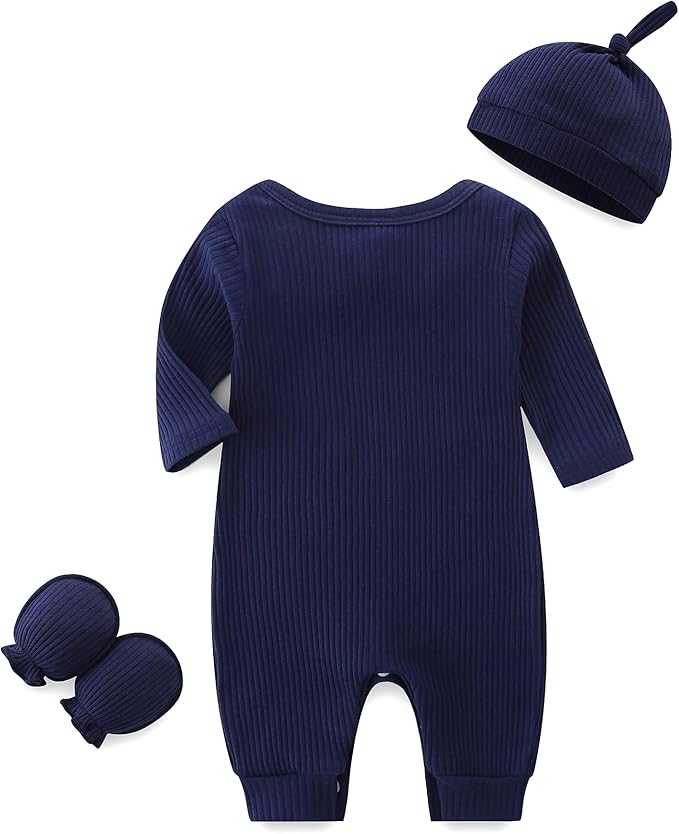 Baby Romper with Baby Mittens & Newborn Hats Footless Long Sleeve Solid Onesie Hi Im New Here