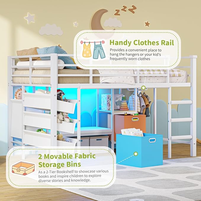 DICTAC Low Loft Bed Twin Size with Reading Corner Metal Twin Loft Bed with LED Lights,Sling Drawers and Bookshelf,loft Bed with Storage Basket and Bins,13.98" H Safety Guardrail and Stairs,White