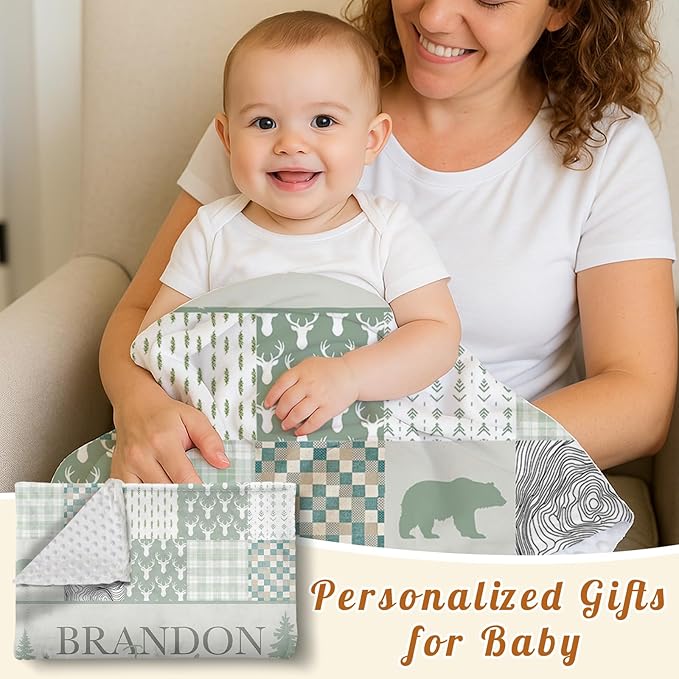 Personalized Rustic Woodland Baby Blanket - Custom Name Bear & Deer Design, Soft Blanket with Double Layer Dotted Backing for Infants Toddlers, Ideal Nursery Decor (30”x40)
