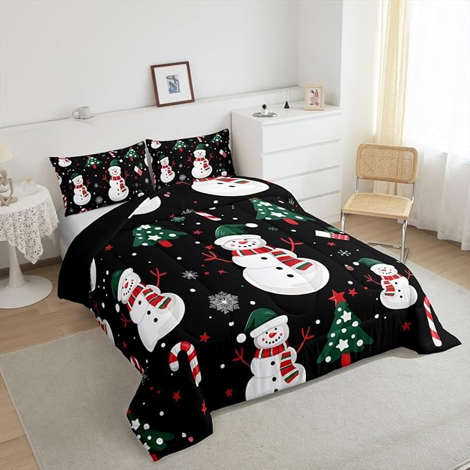 jejeloiu Kids Cute Winter Snowman Comforter Set Full Size Christmas Theme Bedding Set for Boys Girls Teens Xmas Candy Cane Snowflake Happy New Year Duvet Quilt Room Decor