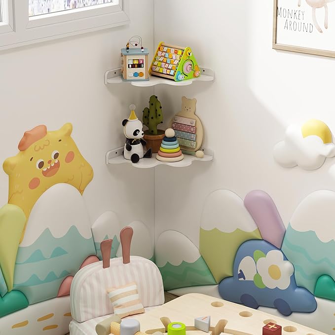 Cloud Corner Shelf Wall Mount, 2-Tier Floating Wavy Corner Wall Shelves with Cord Hole, White Funky Corner Shelves for Kid’s Room, Cute Shelves Display for Nursery,Bedroom,2 Sizes in One Set.
