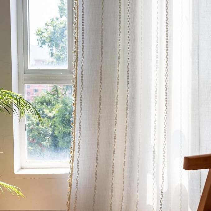 Deeprove White Boho Curtains 120 inch Extra Long for Bohemian Farmhouse Xmas Home Decoration, Semi Blackout Window Treatment, Privacy Embroidery Drape for Bedroom Living Room, 1 Panel W52 x L120