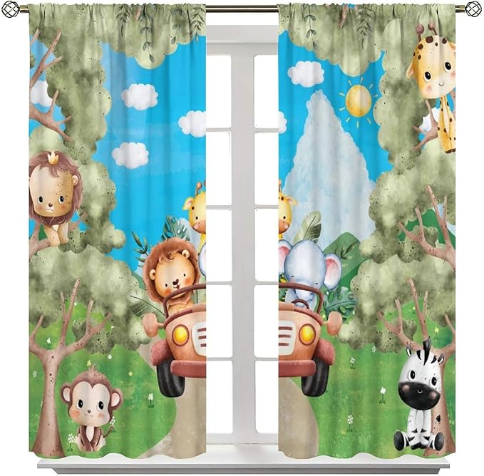Jungle Animals Curtains, Cartoon Safari Animals Tropical Forest Leaf Blackout Window Treatments, Rod Pocket Thermal Insulated Drapes 2 Panel Sets for Kids Bedroom Nursery Classroom, 63"W X 63"L
