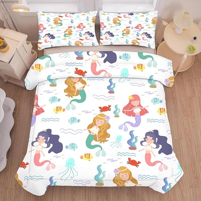 kxry Little Mermaid Princess Comforter Set Twin Size Fairy Tale Sea Shell Grass Bedding Sets for Girls Teens Kids Soft Microfiber Lightweight Comforter Set with 1 Comforter + 1 Pillow Case