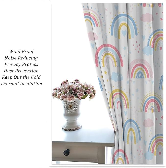 Kids Rainbow Curtains Boho Cartoon Colorful Stars Love Heart Lovely Abstract Art Pattern Print Window Drapes for Girl Bedroom Living Room Kitchen Decor,2 Panel Set,63Wx63H Inch Blackout