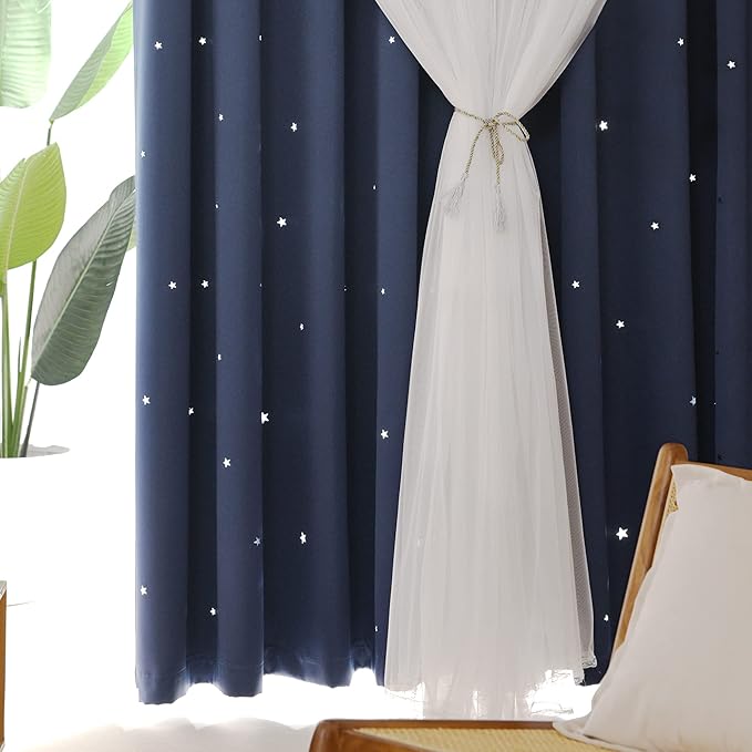 Kinryb Kids Blackout Curtains for Bedroom/Living Room/Classroom, Sheer Overlay 2 Free Tiebacks, Double Layer Curtains with Star Cutout for Kids Room(Each Piece W70xL72 Inches 2 Pcs Stone Blue)