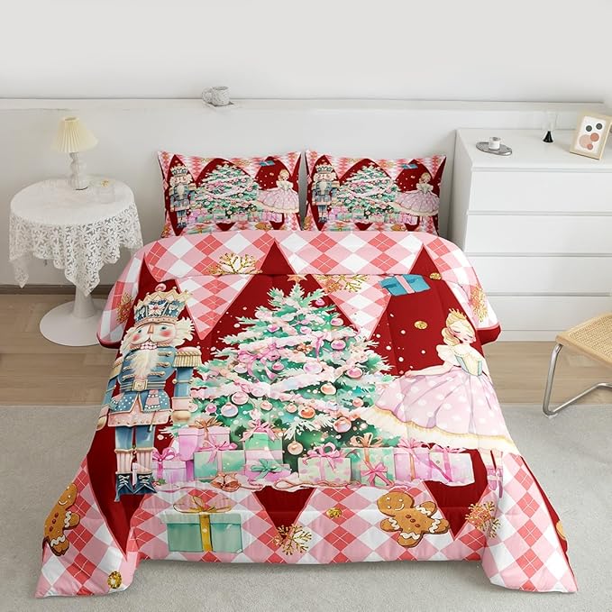 jejeloiu Christmas Nutcracker Comforter Set King Size Gingerbread Man Bedding Set for Kids Boys Girls Xmas Tree Duvet Quilt Red Bedroom Decor