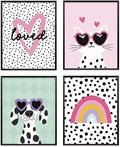 VONTP Pastel Rainbow Classroom Dog Cat Wall Art Decor, Dalmatian Cat Classroom Prints Poster Wall Decorations for Kids Girl Nursery Toddler Room Bedroom Playroom, 8x10 Inch Set of 4 (Unframed)