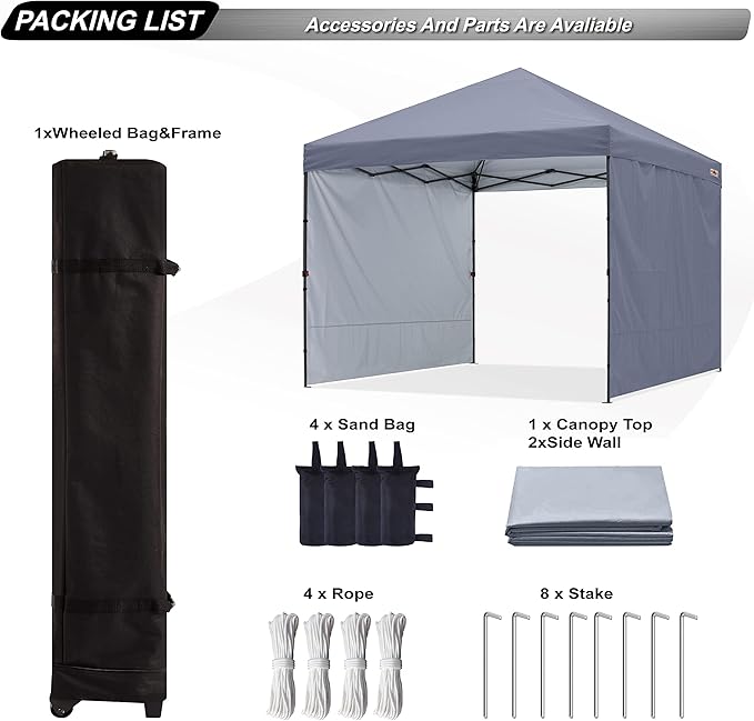 ABCCANOPY Easy Pop up Canopy Tent with 2 Sidewalls for Outdoor Sun Blocking or Rain Protection,10x10, Gray