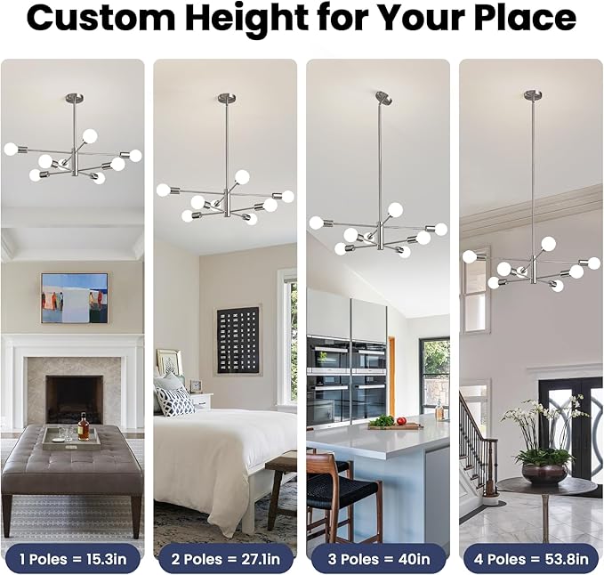 Modern Sputnik Chandeliers Light, 8 Lights Brushed Nickel Dining Room Chandelier Over Table, E26 Mid Century Ceiling Light Fixtures Height Adjustable Hanging Pendant Lighting for Entryway Foyer