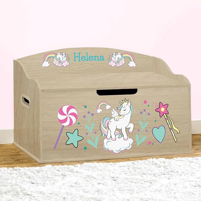 DIBSIES Personalized Creative Wonders Toy Box, Unicorns & Rainbows, 30 x 19.25 x 18 inches, Soft-Close Lid (Natural)