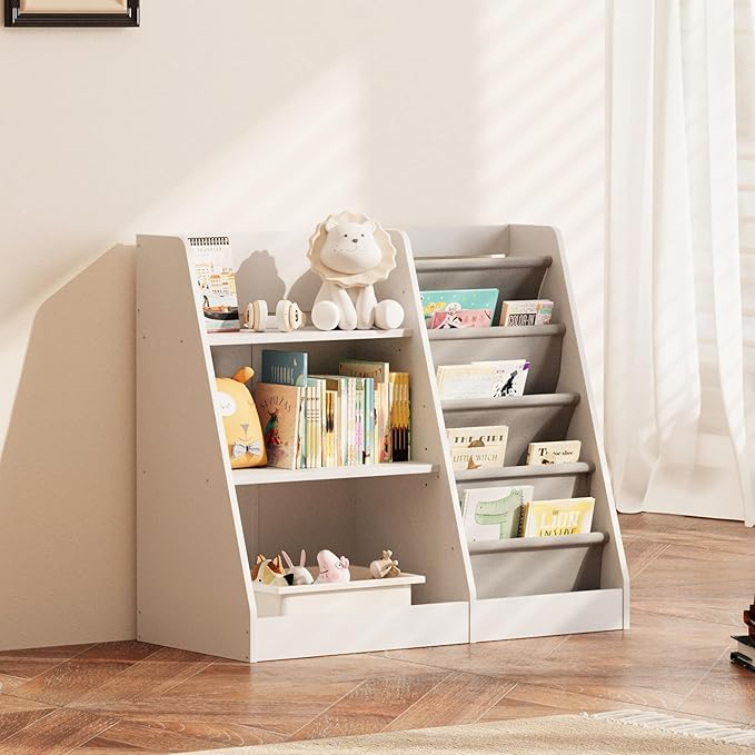 NACHES 3 Tier Kid Bookshelf Wooden 4 Sling Children Bookcase Toddler Adjustable Book Rack Display Toy Storage Organizer Book Display Shelf Classroom Bedroom Nursery Playroom,25inch (White, Small)