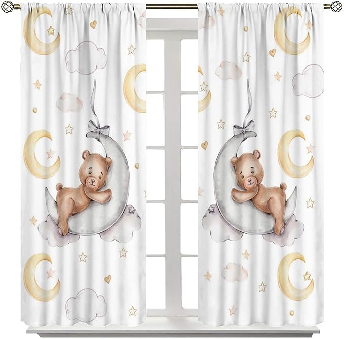 Cartoon Bear Curtains, Cartoon Watercolor Lovely Bear Moon Stars Printed Blackout Window Treatments, Rod Pocket Thermal Insulated Drapes 2 Panel Sets for Kids Bedroom Nursery Classroom, 63"W X 72"L