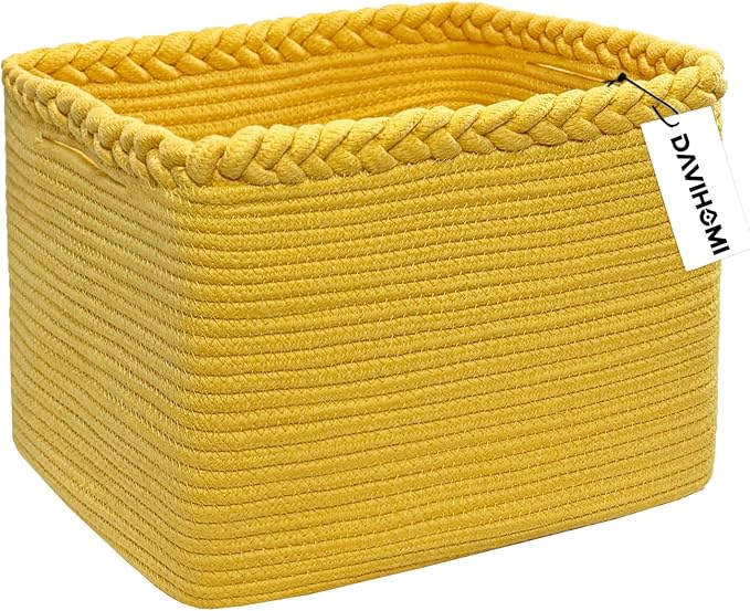 Small Woven Cotton Rope Basket for Storage, Gift Baskets for Handles, Cloth Storage Baskets for Organizing-13.5" x 11" x 9.5" home decor for Living Room, Bathroom（Yellow）